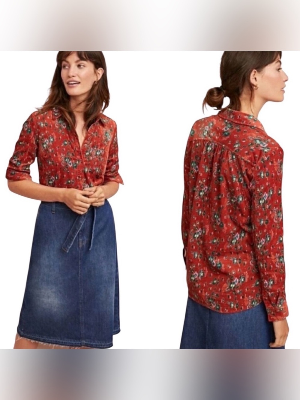 Anthropologie Building 18 corduroy floral rust orange blouse US 2 small cotton - Picture 2 of 10